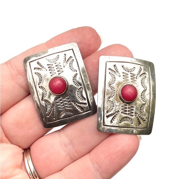Taxco Jewelry - Taxco Sterling Silver and Pink Rhodochrosite Stone Post Earrings